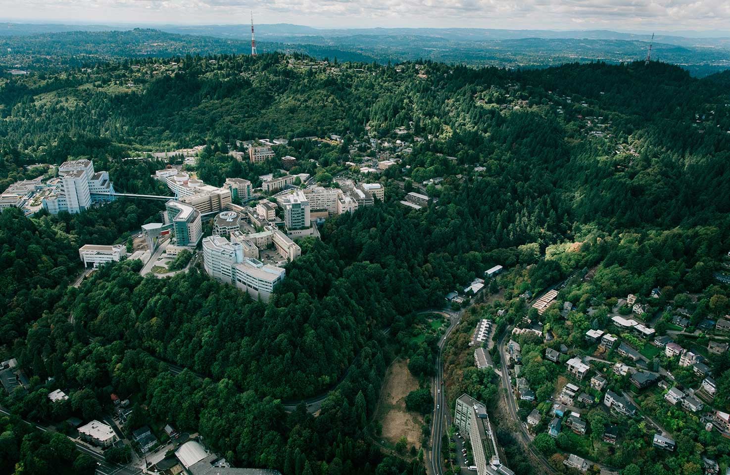 An aerial view of the OHSU campus in Portland, Oregon.