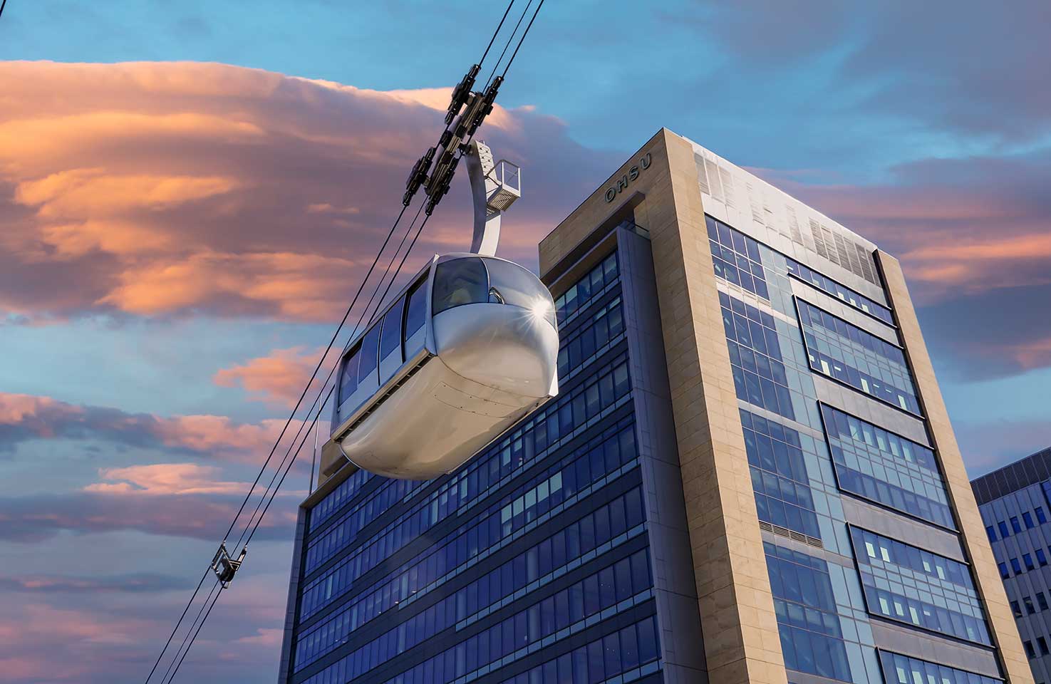The Portland aerial tramway passes in front of OHSU.