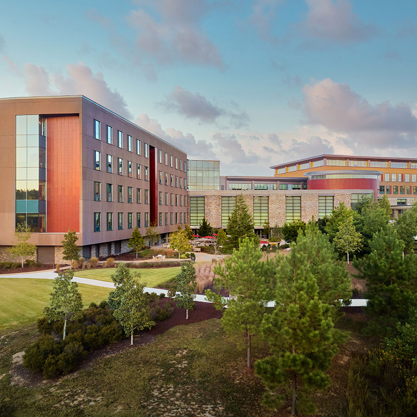 Exterior image of the NGHS Braselton hospital tower with trees in the foreground and a bright blue sky