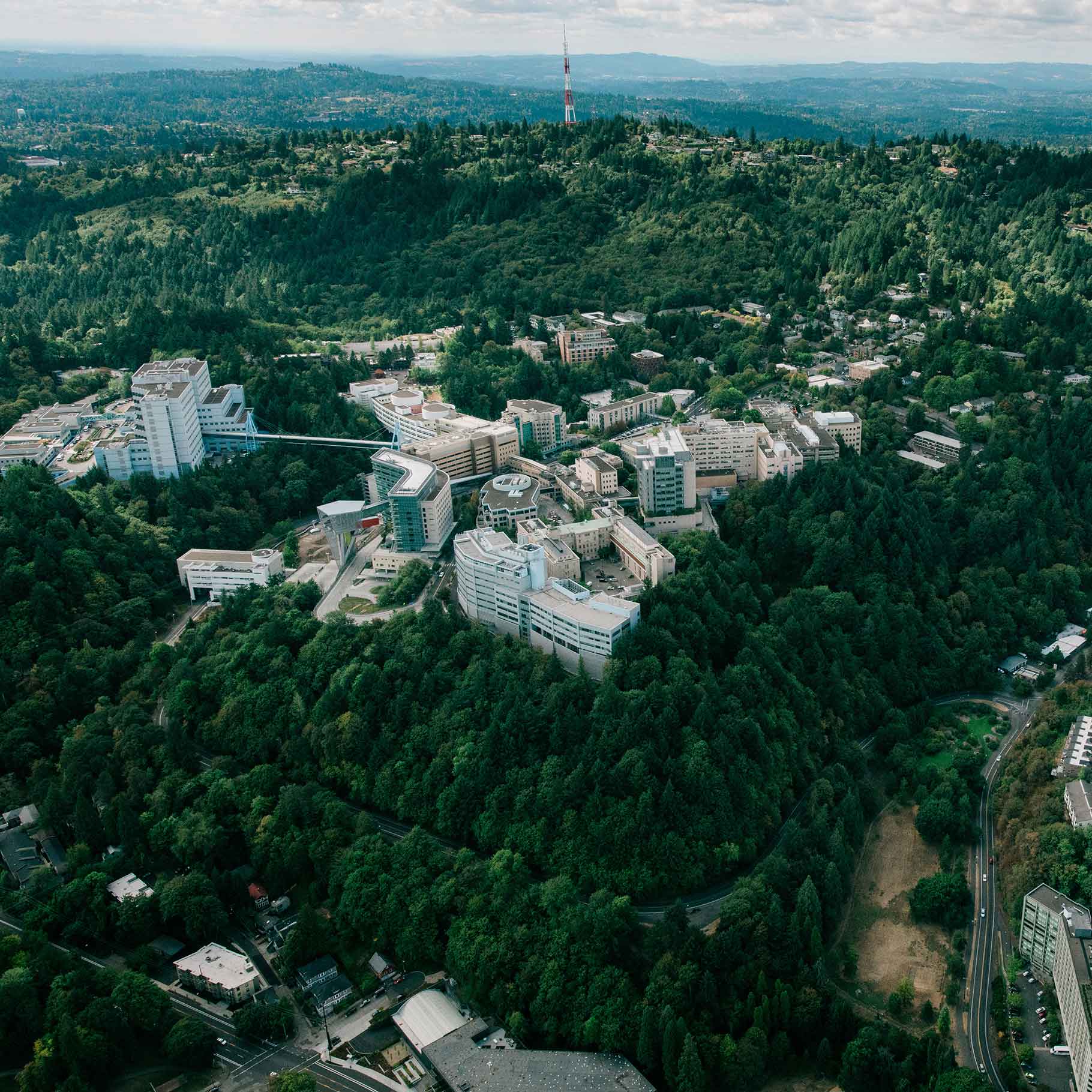An aerial view of the OHSU campus in Portland, Oregon.