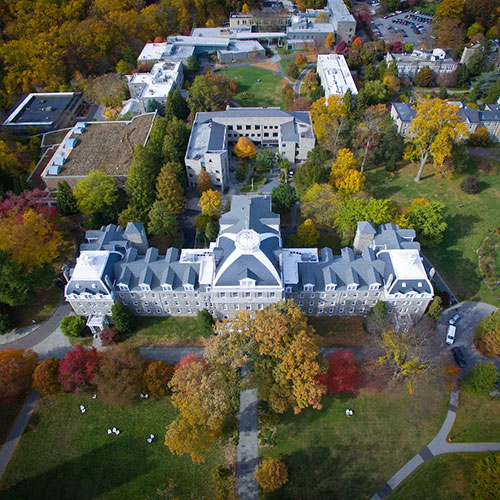 an aerial photo of the Swathmore College campus in Swathmore, Pennsylvania