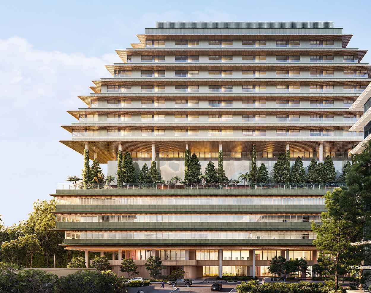 Rendering of the exterior design of the new Helen Diller Hospital on the UCSF health campus in San Francisco, CA.